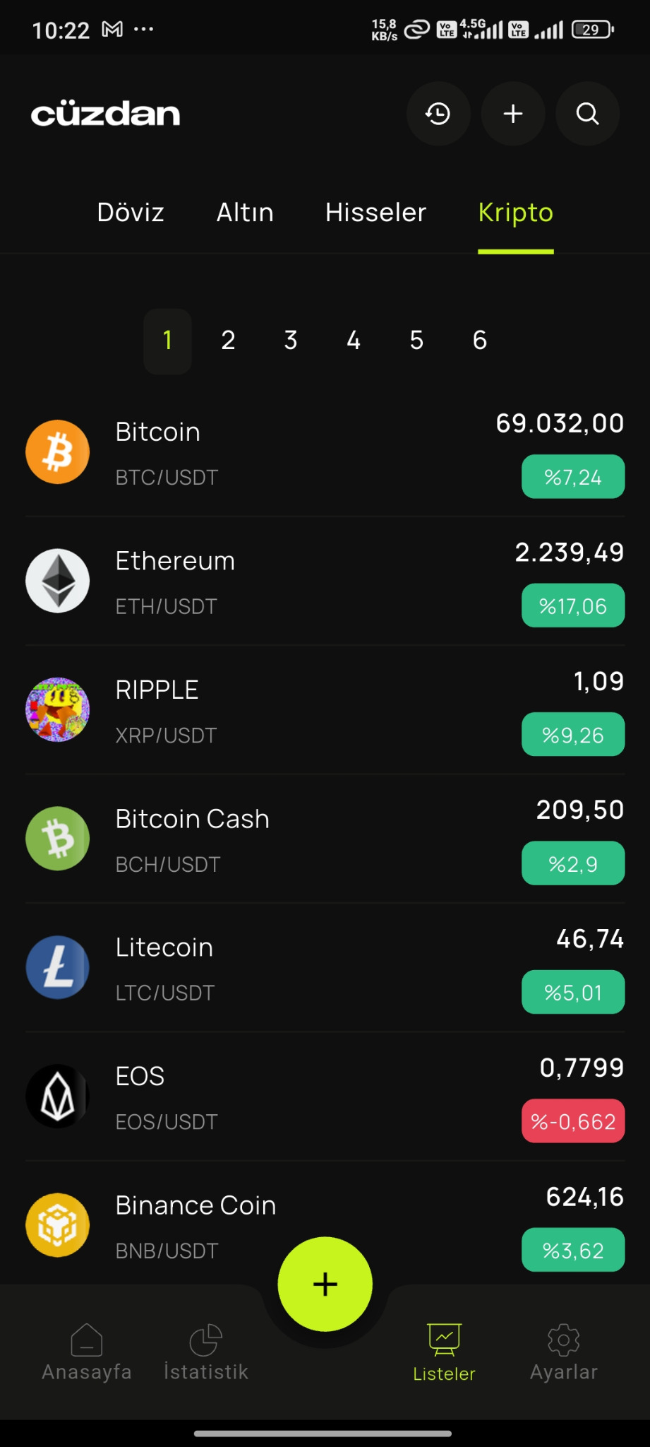 BindeBi Cüzdan kripto varlık listesi ekranı