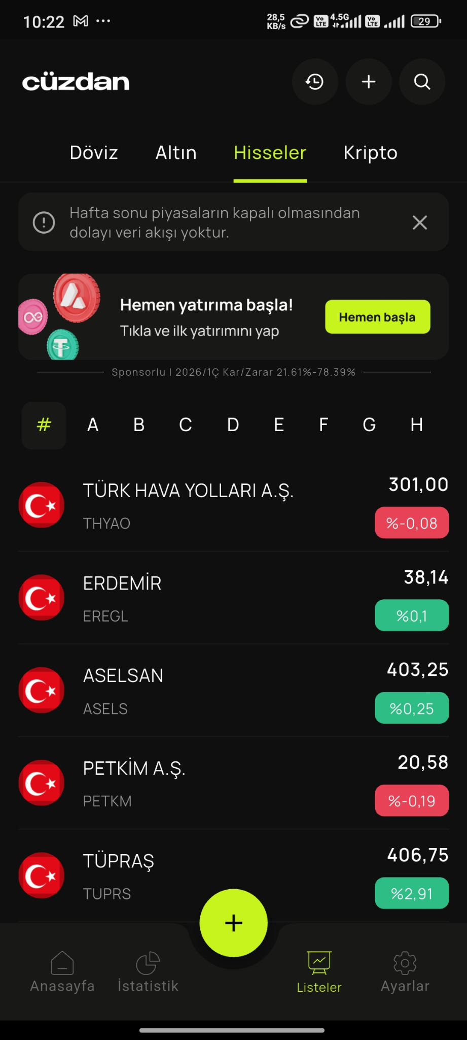 BindeBi Cüzdan BIST hisseleri listesi ekranı